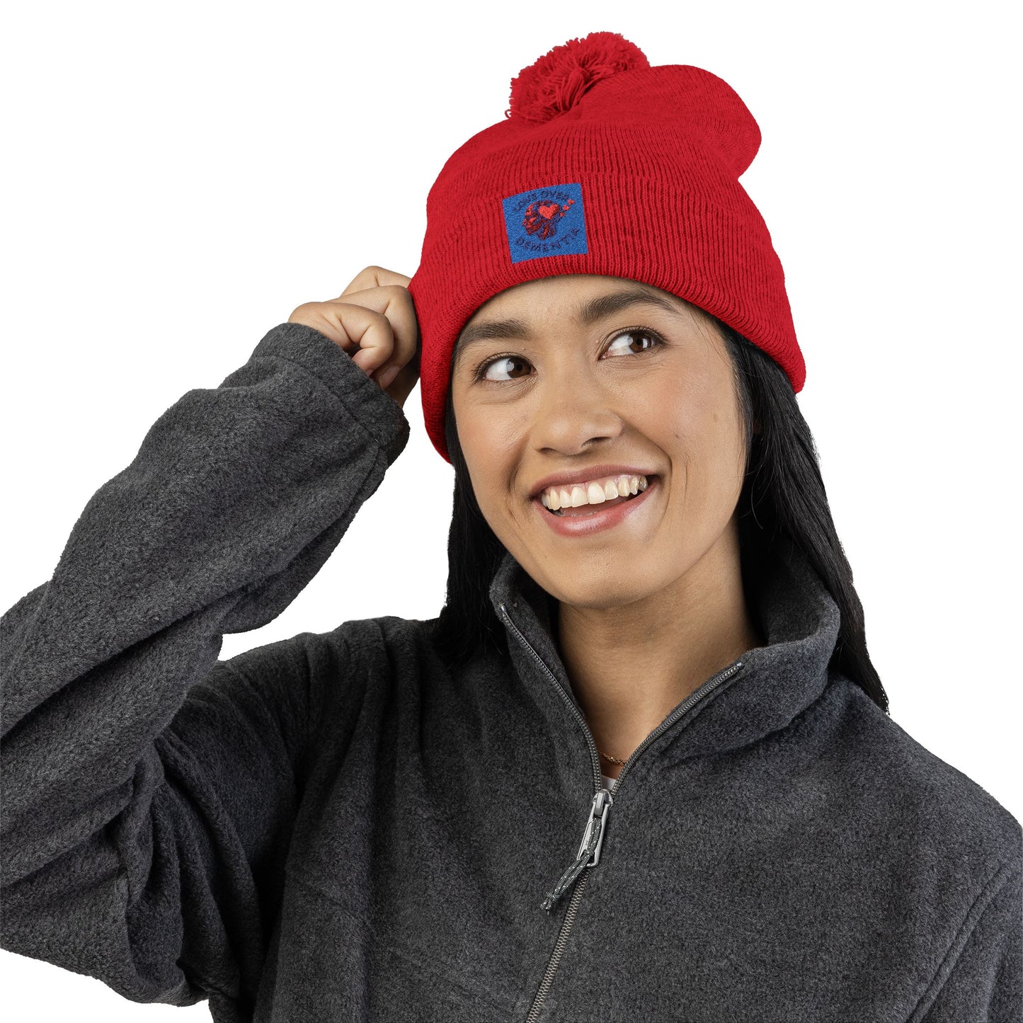 Cozy Pom-Pom Knit Cap with Heart Embroidery, Winter Beanie, Cute Gift for Him or Her, Fashion Accessory, Fall and Winter Style
