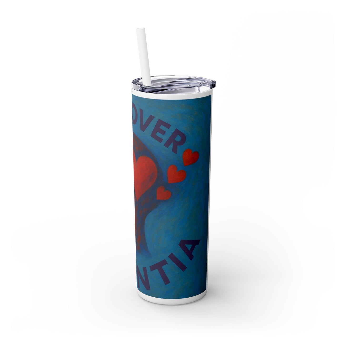 Love Over Dementia Skinny Tumbler, 20oz Travel Mug, Inspirational Gift for Caregivers, Mental Health Awareness, Awareness Fundraiser