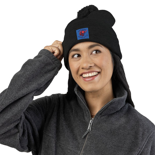 Cozy Pom-Pom Knit Cap with Heart Embroidery, Winter Beanie, Cute Gift for Him or Her, Fashion Accessory, Fall and Winter Style
